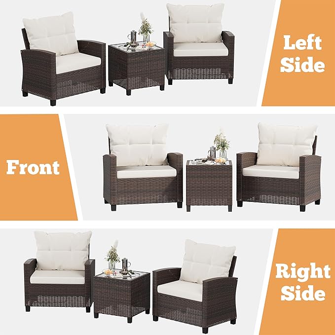 Shintenchi 3 Pieces Patio Furniture Set 3 Pieces PE Rattan Wicker Chairs with Table Outdoor Furniture for Backyard/Garden/Poolside/Outdoor Restaurant Brown Rattan with White Cushion