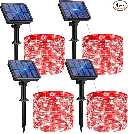 btfarm 4 Pack Solar String Lights Outdoor - 320LED 132FT Solar Fairy Lights Outside Waterproof 8 Modes, Copper Wire Solar Powered Twinkling Lights for Tree Garden Christmas Wedding Party Decor, Red