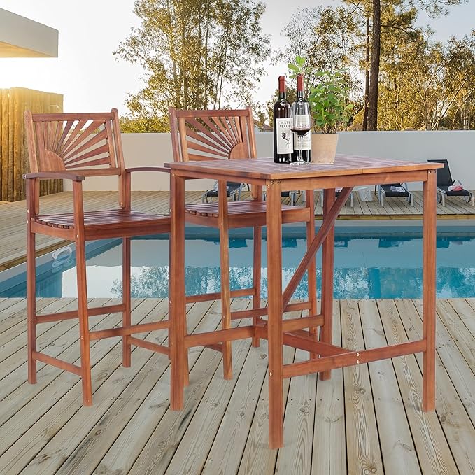 COSTWAY 3PCS Bar Table Set, Outdoor Acacia Wood Dining Set, Spacious Tabletop, Comfortable Backrest, Suitable for Sunroom, Backyard, Balcony, Space-Saving Design
