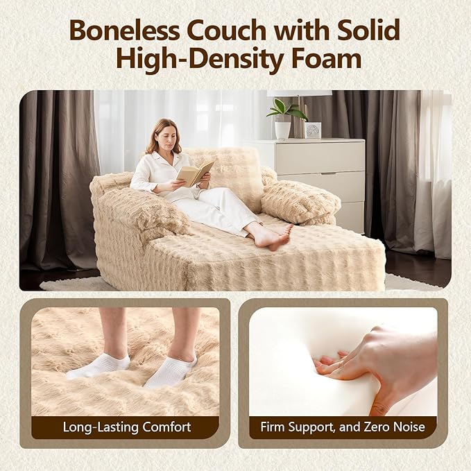 VINGLI 67.7" Oversized Chaise Lounge Chair Reading Chairs Comfy Bubble Fleece Upholstered Boneless Sofa Bed Sleeper Sofa Cloud Couches for Living Room, Bedroom, Play Room (Light Brwon)