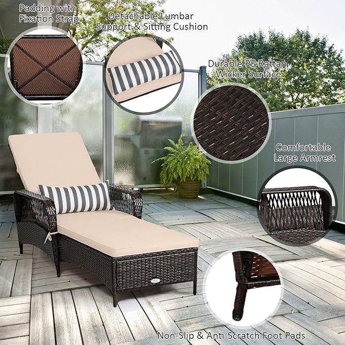 Tangkula Wicker Chaise Lounge Outdoor, Patio Rattan Reclining Chaise with 6-Gear Adjustable Backrest, Thick Padded Cushion & Removable Lumbar Pillow, Pool Lounge Chairs for Outside Balcony Backyard
