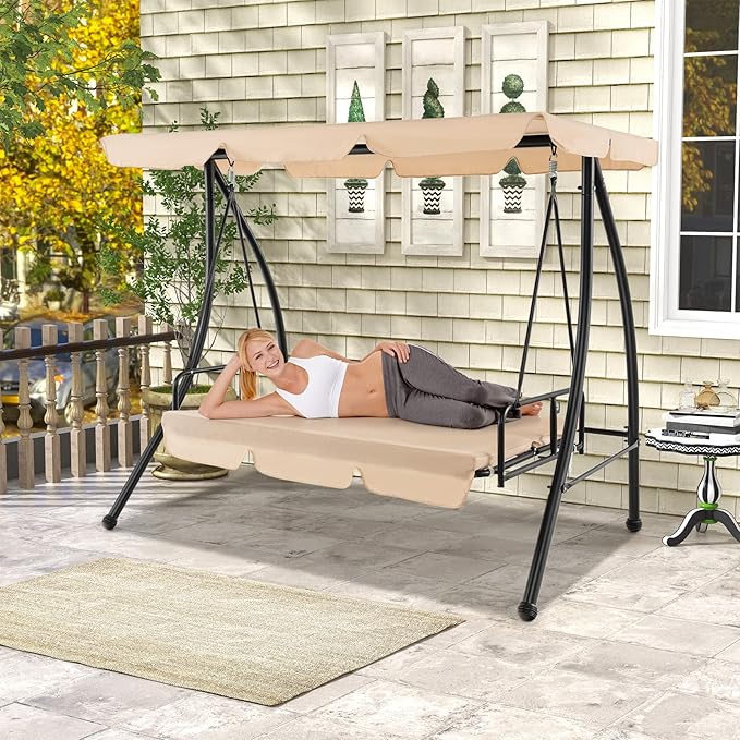 Tangkula 2 Person Porch Swing, 2-in-1 Convertible Outdoor Swing Bed with Adjustable Canopy, Removable Cushions, Solid Metal Frame, Outside Patio Swing for Backyard, Poolside, Deck