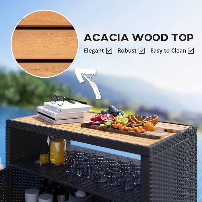 Outsunny Wicker Outdoor Storage Cabinet, Rattan Outdoor Bar Table with Acacia Wood Countertop, 2 Doors and Shelf, Buffet Cabinet Sideboard for Poolside, Garden, Patio, Backyard, Black