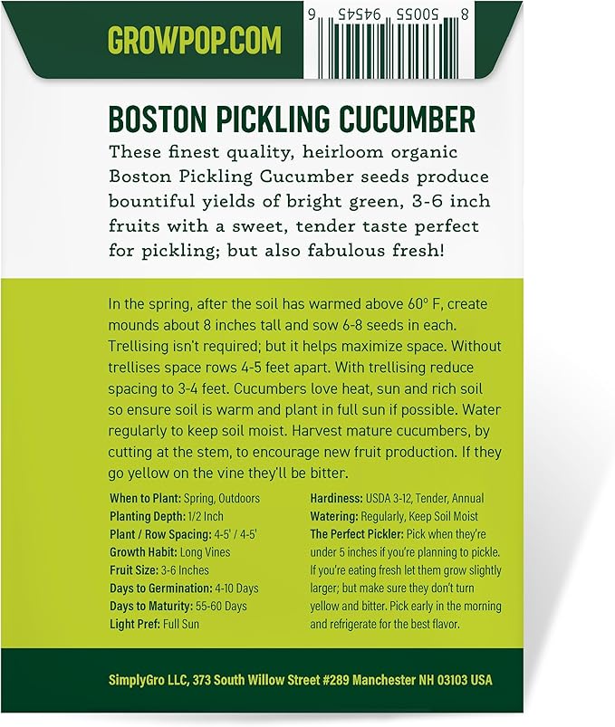 Organic Boston Pickling Cucumber Seeds - USDA Organic, Non-GMO, Open Pollinated, Heirloom, USA Origin (1 Packet - 4 Grams - Approx 100 Seeds)