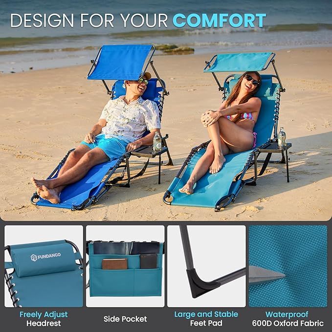 FUNDANGO 4 in 1 Tanning Chair with Face Hole & Canopy Shade, Beach Lounge Chair with Side Table Chaise Lounge Chairs for Patio, Pool, Lawn, Sunbathing, 5-Position Adjustable Sun Lounger,Cyan