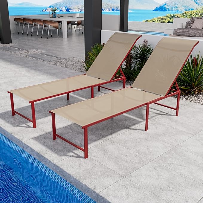 Outdoor Pool Lounge Chairs, 2 pcs Patio Aluminum Chaise Lounge, Five-Position Recliner Loungers for Poolside Yard Balcony Deck Beach (Red)