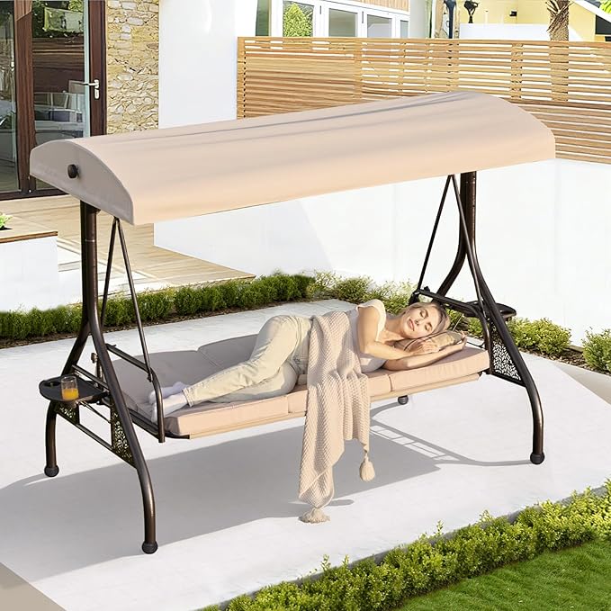 3-in-1 Convertible Outdoor Swing for Adults, Outdoor Porch Swing with Stand 800lb Bearing Capacity, 3-Seat Outdoor Swing with Canopy Adjustable, Thickened Cushions (Round, Khaki)