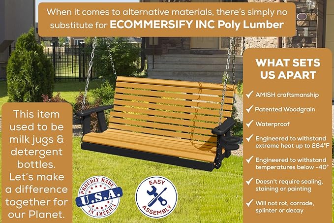 Poly Lumber Wood 5FT Porch Swing Amish Craftsmandship Made in USA HDPE with No wood fibers and 1000 lbs Limit. Stainless Steel Hardware.Signature Rollback design for Patio Outdoor Backyard Garden Park