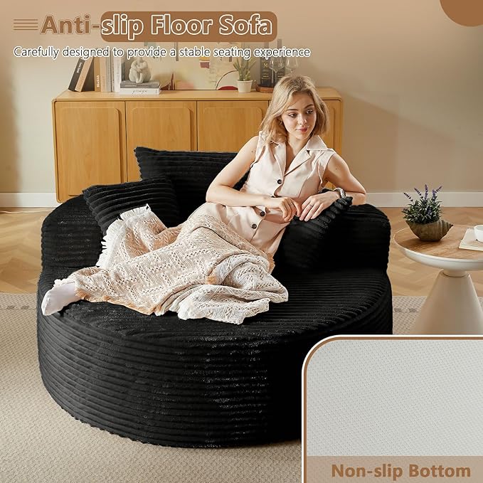 Oversized Round Chair Lounge Chaise Indoor, Upholstered Corduroy Deep Seat Cloud Large Circle Sofa Chair, No Assembly Required, Fluffy Modern Sleeper Sofa Bed for Reading, Dark Black