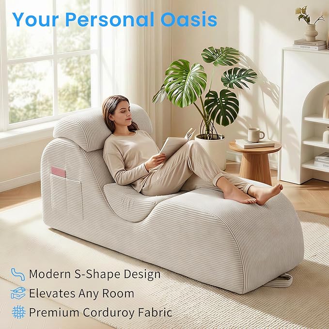 ijuicy 25" Wide Corduroy Yoga Chair, Yoga Lounge Chair for Adults, Chaise Lounge Chair Indoor/Yoga Lounger with Headrest, Waist Cushion, Movable Footrest, Side Pockets, High Density Sponge-Beige