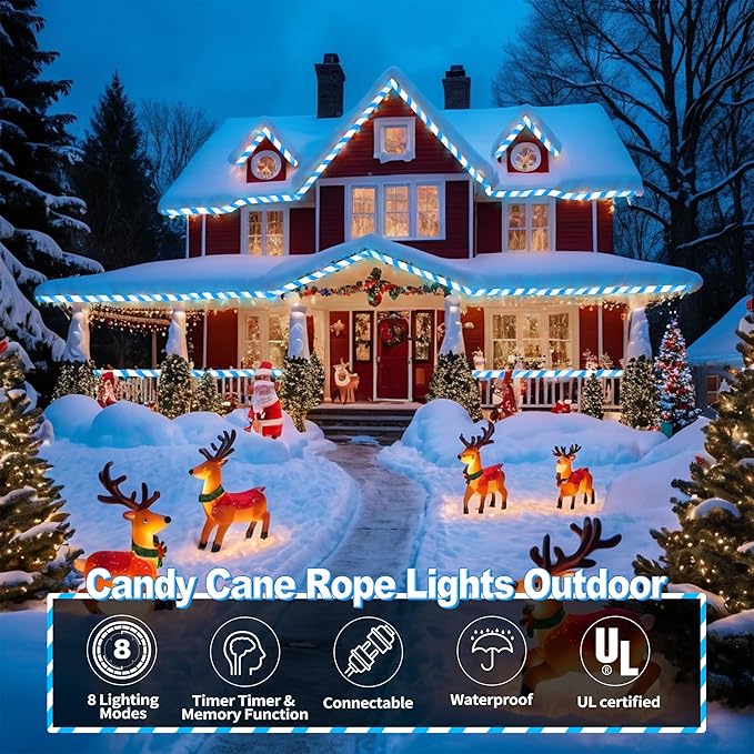 Jnaurb Christmas Candy Cane Lights, 66ft 480 LED Connectable Flexible White & Blue Candy Cane Rope Lights for Outside, 8 Modes Waterproof LED Christmas Light for Garden Patio Tree Holiday Party Decor