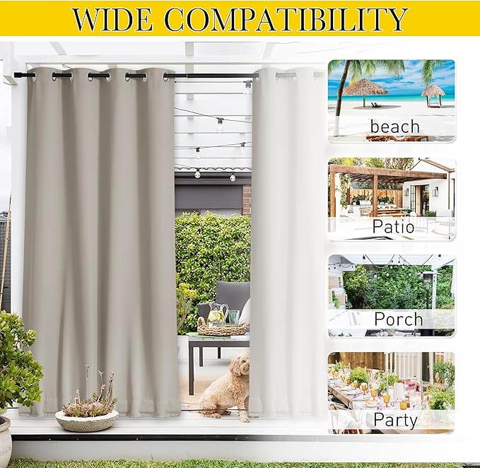 NICETOWN 2 Panels Waterproof Outdoor Curtains Fixed Grommet & Back Tab on Top & Bottom, Thermal Insulated Keep Rain & Sun Out Privacy Windproof Outdoor Draperies with Rope, W52 x L72, Natural