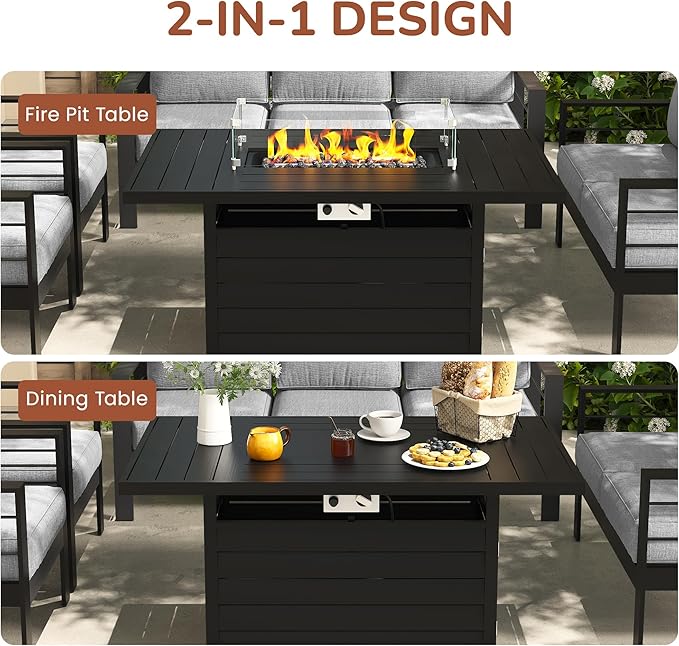 Solaste Aluminum Patio Furniture Set with Fire Pit Table, 4 Piece Metal Outdoor Furniture with Water-Resistant Cushions, Modern Patio Conversation Set for Backyard,Black Frame and Grey Cushion
