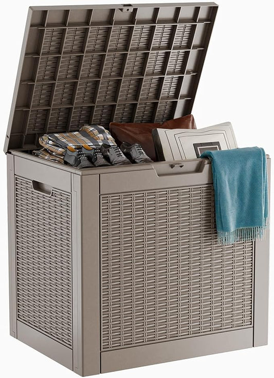 31 Gallon Waterproof Outdoor Storage Box,Resin Deck Box,Lockable Outside Storage Box Container for Patio Furniure,Garden,Pool Tools (31 Gallon,Grey)