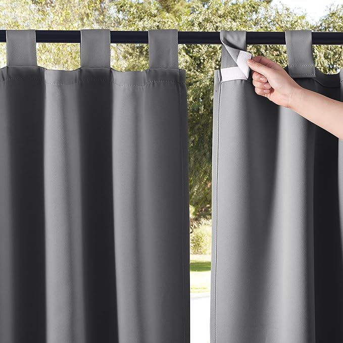 NICETOWN 2 Pieces Outdoor Curtainss for Patio Waterproof 95 inch Length, Sticky Tab Top Thermal Insulated Blackout Window Treatment Dividers Protect Privacy for Cabana/Arbor, W52 x L95, Grey