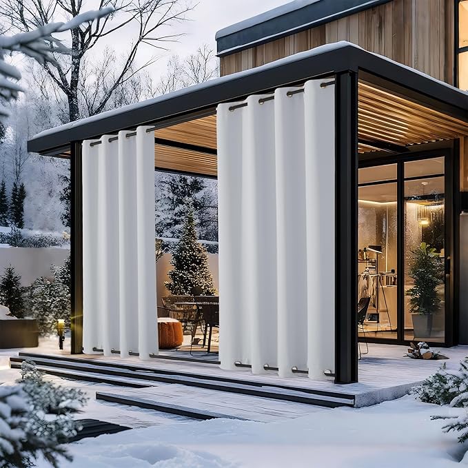 NICETOWN 2 Panels Greyish White Privacy Outdoor Curtains for Patio, Waterproof Thermal Insulated Room Darkening Top and Bottom Rustproof Grommet Windproof Drapes for Porch, W52 x L108