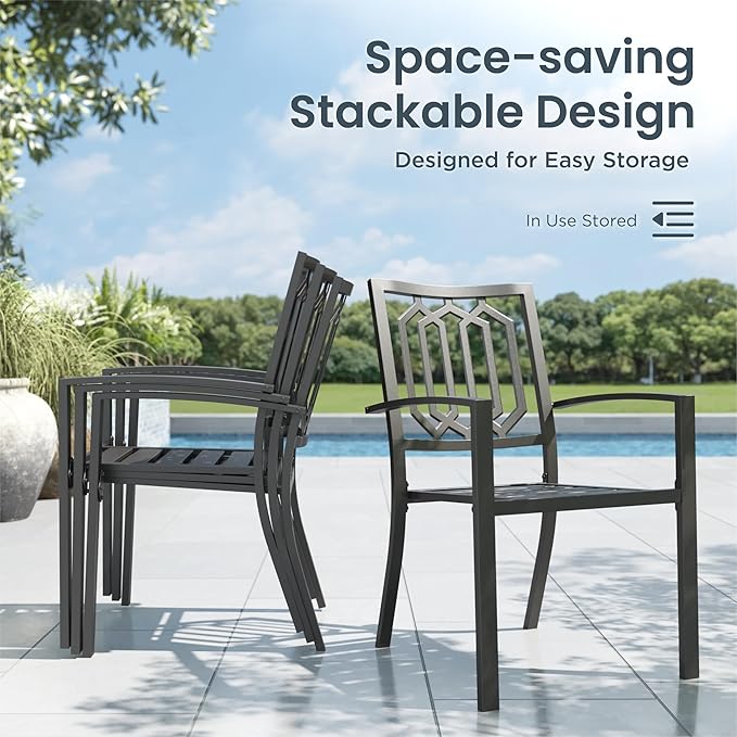 PHI VILLA 9 Pieces Outdoor Dining Set for 8, Rectangular Metal Steel Table with Umbrella Hole & Stackable Wrought Iron Chairs, Large Dining Furniture for Patio, Deck, Yard, Porch