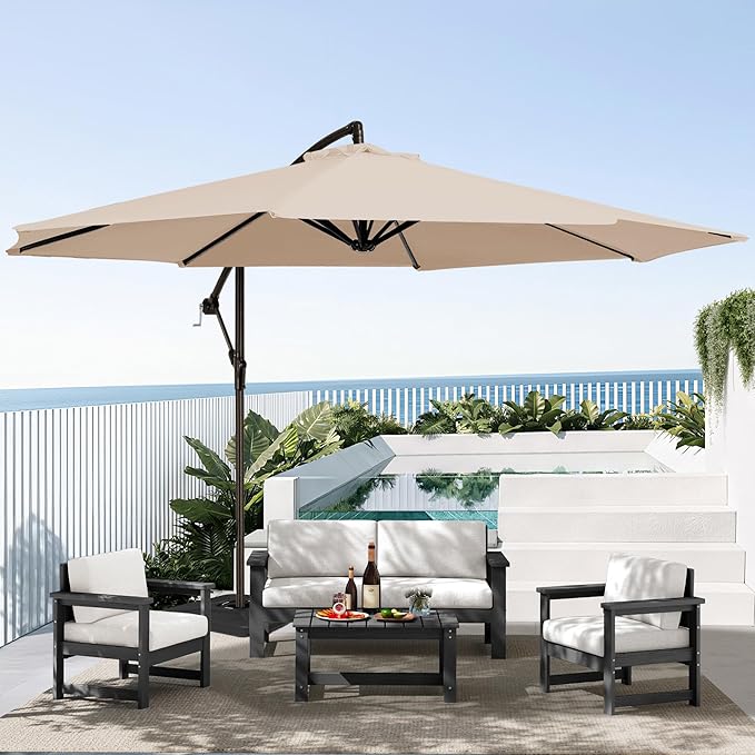 SERWALL 4 Pieces HDPE Outdoor Sofa Set with 10FT Patio Umbrella, All Weather Use Loveseat Furniture Sofa Set, Outdoor Conversation Couch with Coffee Table for Patio, Grey Frame with Khaki Cushions