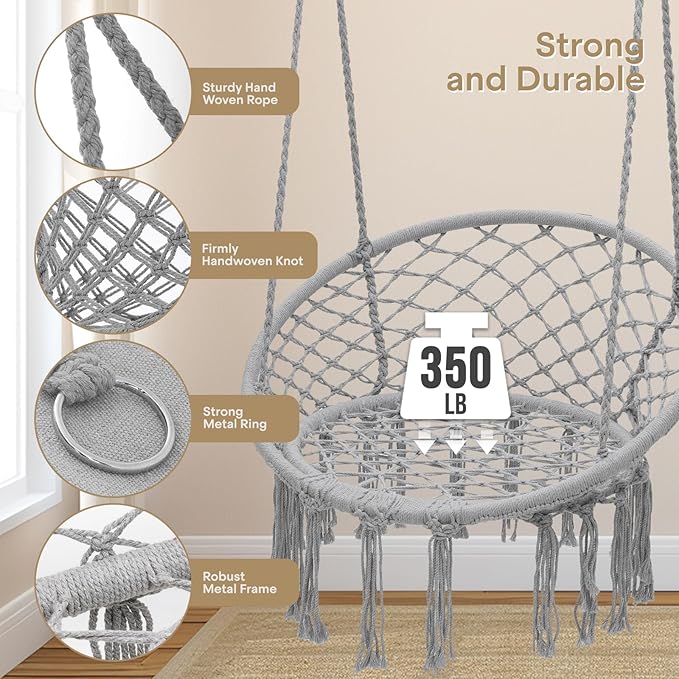 Athena Collection Hammock Chair Hanging Swing Chair with Large Thick Cushions, Outdoor Hanging Chair with Macrame Cotton Rope for Indoor, Outdoor, Bedroom, Balcony, Holds 350 Lbs, Grey