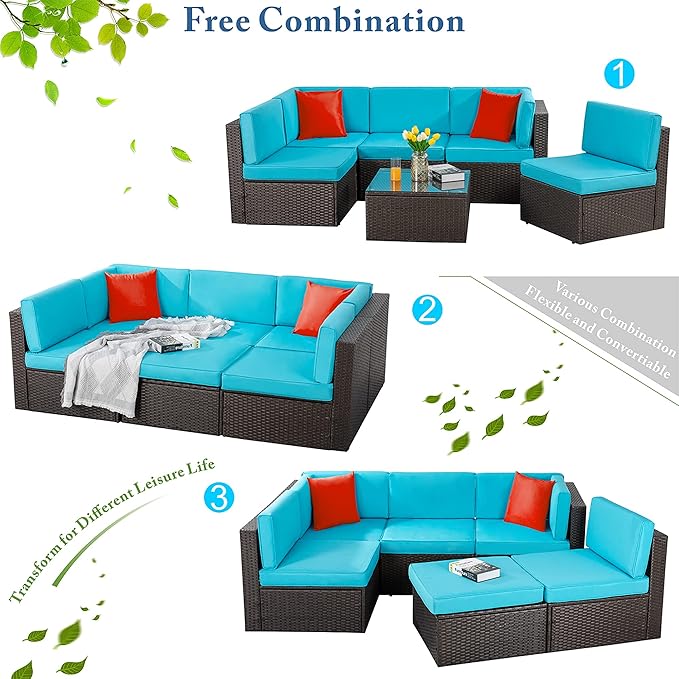 Vongrasig 6 Piece Small Patio Furniture Sets, Outdoor Sectional Sofa All Weather PE Wicker Patio Sofa Couch Garden Backyard Conversation Set with Glass Table,Blue Cushions and Red Pillows (Blue)