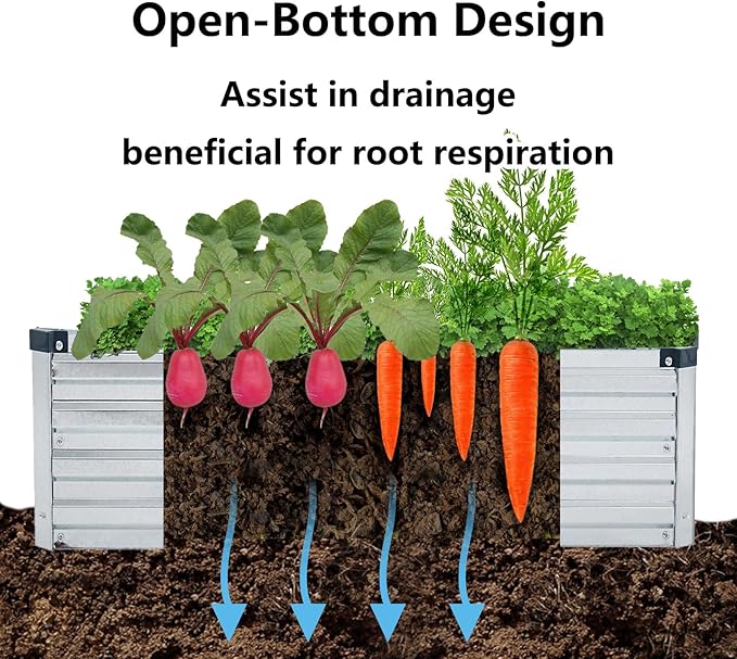 2 Pack 12x2x1FT Galvanized Raised Garden Bed Kit, Outdoor Metal Planter Box for Vegetables, Bottomless Rectangular Gardening Bed with Support Rods, Tool-Free Assembly, Silver