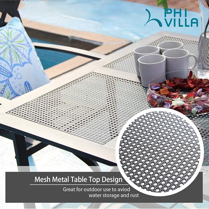 PHI VILLA 5 Pieces Outdoor Dining Set for 4, 37” Square Wrought Iron Table with Mesh Tabletop & Swivel Metal Steel Chairs with Cushions, Outside Furniture Set for Patio, Porch, Deck, Backyard