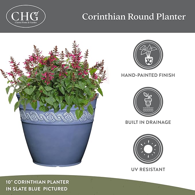 Classic Home and Garden Corinthian Resin Planter Pot - Outdoor & Indoor Plant Pot - Round Planter for Plants & Flowers (16” Storm Gray, Pack of 1)
