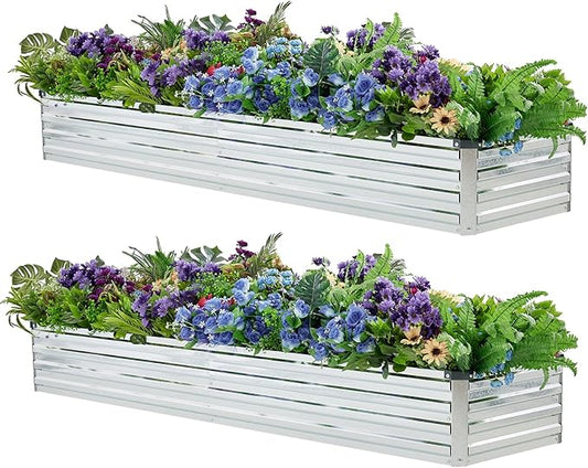 2 Pack 6x1.5x1FT Galvanized Raised Garden Bed Kit, Outdoor Metal Planter Box for Vegetables, Bottomless Rectangular Gardening Bed with Support Rods, Tool-Free Assembly, Silver