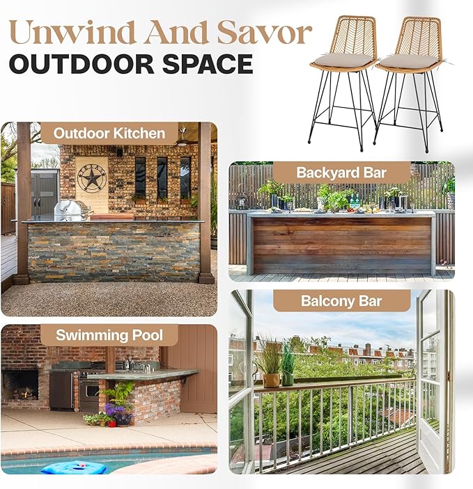 IDZO 400lbs Capacity Rattan Outdoor Counter Stools, 24" Tall, Set of 2, Comfort Cushion, Solid Steel Frame, Easy Assembly, Use for Outdoor & Indoor, Ideal for Patio & Kitchen Island