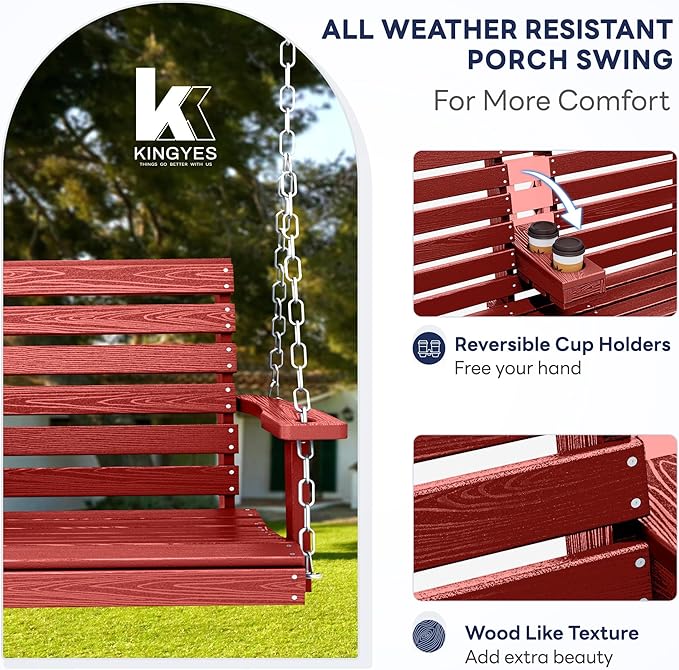 KINGYES Outdoor Hanging Patio Swing Chair, 2 Seat with Cup Holders, Waterproof Bench for Courtyard & Garden, 660LBS Weight Capacity, Red