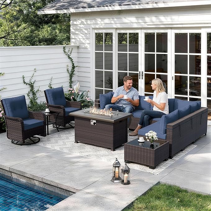 ALAULM Patio Furniture Set with 2 Swivel Chairs, Outdoor Sectional with 55000 BTU Fire Pit Table and Wide Seat, 11 Pieces Wicker Rattan Conversation Set with Coffee Table for Garden, Deck, NavyBlue