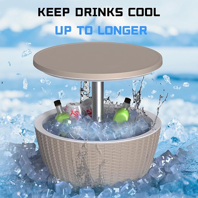 EasyUp Outdoor Cooler Bar Table – 8 Gallon Outdoor Patio Cooler Table with Drain Plug, Adjustable Height Rattan-Style Resin Cool Bar for Poolside, Deck, BBQ & Parties (Light Brown)