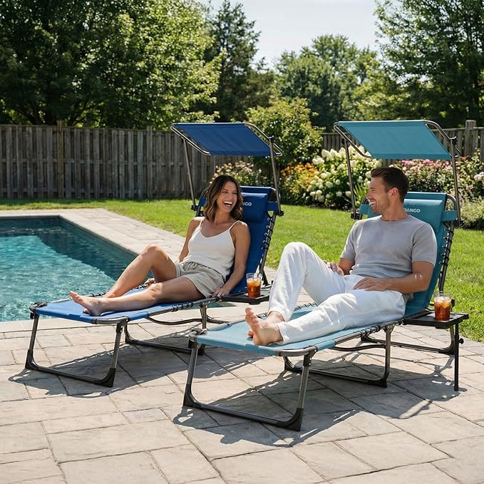 FUNDANGO 4 in 1 Tanning Chair with Face Hole & Canopy Shade, Beach Lounge Chair with Side Table Chaise Lounge Chairs for Patio, Pool, Lawn, Sunbathing, 5-Position Adjustable Sun Lounger,Cyan