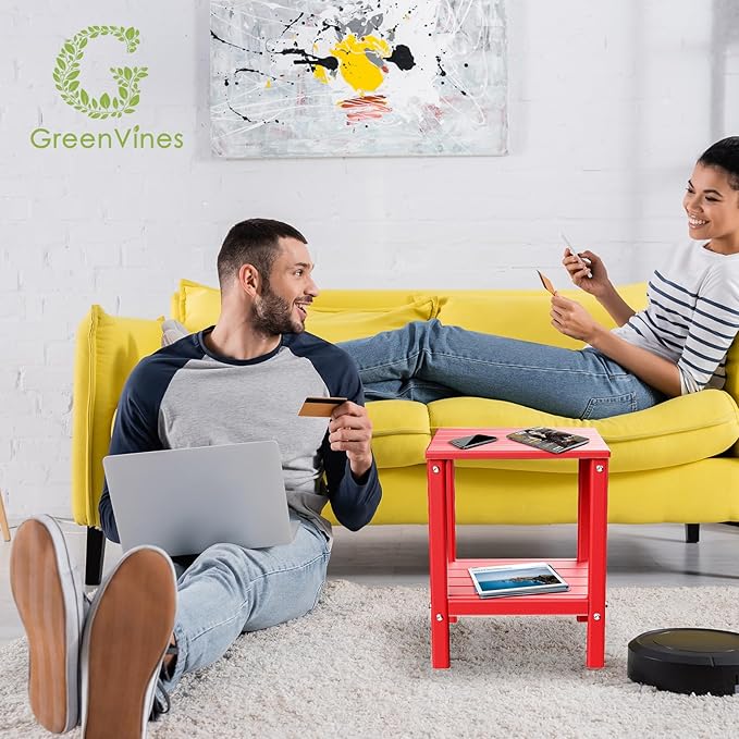 GREENVINES Adirondack-Outdoor-Side-Table | Set of 2 | 14 x 13 Inches | HDPE Plastic | All Weather | Red | Outside End Tables | Storage Shelf | for Patio Porch Backyard Indoor