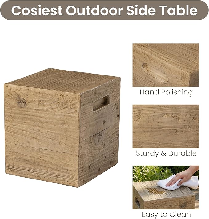 COSIEST Wooden Outdoor Side Table, Square MgO Concrete End Patio Side Table, Lightweight Cylinder Top Plant Stand with Square Base for Garden and Deck