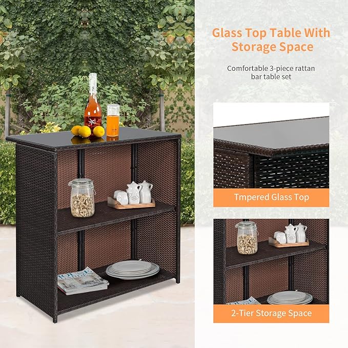 Wicker Patio Furniture 3 Piece Patio Bar Table Set Chairs Wicker Outdoor Rattan Bistro Set Glass Top Table and Two Stools for Yard or Backyard