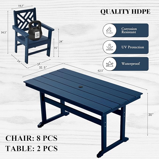 HDPE Dining Table Set for 8,10-Piece Outdoor Table and Chairs Include 8 Dining Chairs and 2 Pcs 62.5" Patio Dining Table with Umbrella Hole (Blue)