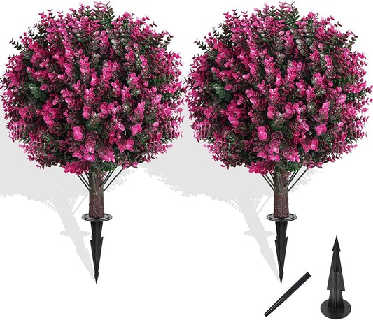 Artificial Topiary Tree with Pink Eucalyptus, Set of 2 Artificial Shrub Bushes with Ground Spike, Fake Evergreen Tree for Porch, Artificial Plants for Outdoor Planters Indoor UV Resist