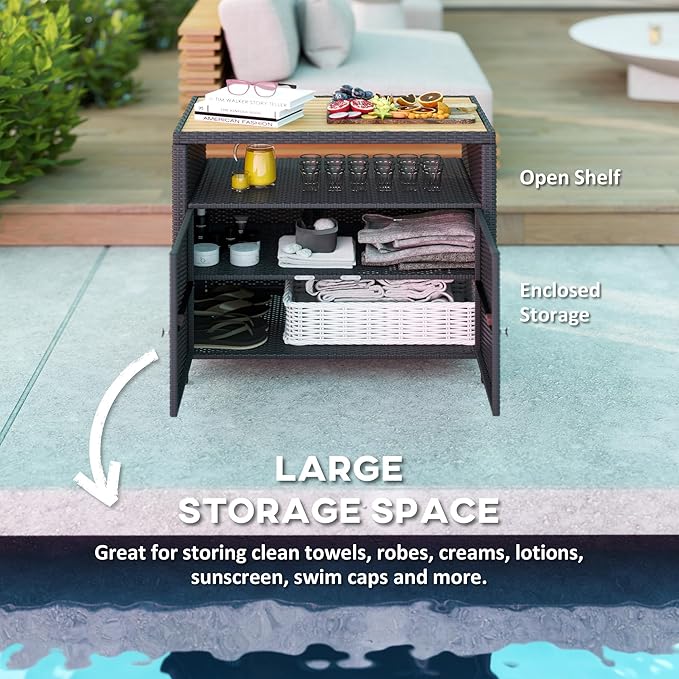 Outsunny Wicker Outdoor Storage Cabinet, Rattan Outdoor Bar Table with Acacia Wood Countertop, 2 Doors and Shelf, Buffet Cabinet Sideboard for Poolside, Garden, Patio, Backyard, Black