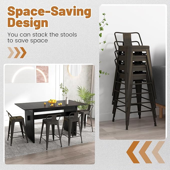 COSTWAY Metal Bar Stools Set of 4, with Removable Back, 24'' Counter Height Stools with Rubber Feet, Stylish and Modern Chairs, for Kitchen, Dining Rooms, and Side Bar (Gun, 24'')