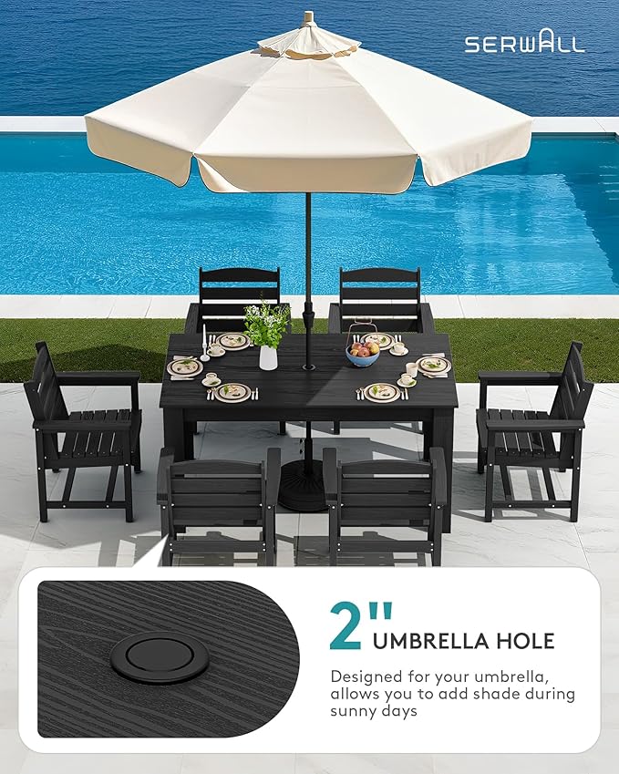 SERWALL HDPE Dining Set for 4, Outdoor Dining Sets for 4 Person with 1 Umbrella Hole Cut-Out Rectangular Table and 4 Chairs, Patio Dining Sets Black