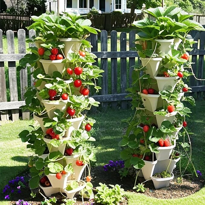 7 Tiered Strawberry Planters 2 Pack, Vertical Stackable Planter, Herb Stacking Tower Garden, Flower and Vegetable Planters with Support Pole Indoor & Outdoor with Removable Wheels - White