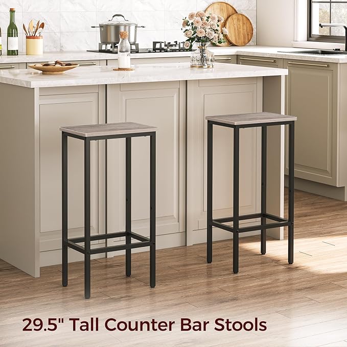 Set of 2 Bar Stools, 29.5" Tall Counter Bar Stools, Kitchen Breakfast Bar Chairs with Footrest, Rectangular Industrial Bar Chairs, for Dining Room, Greige and Black BAHG01701 (Pack of 4)