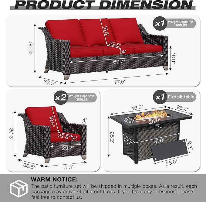 Joyside Wicker Patio Furniture Sets, 4 Pieces Upgraded Large Size Outdoor Furniture with Patio Dining Chair, 3-Seat Sofa, Fire Table,Thick Cushions, Wide Armrest, Red