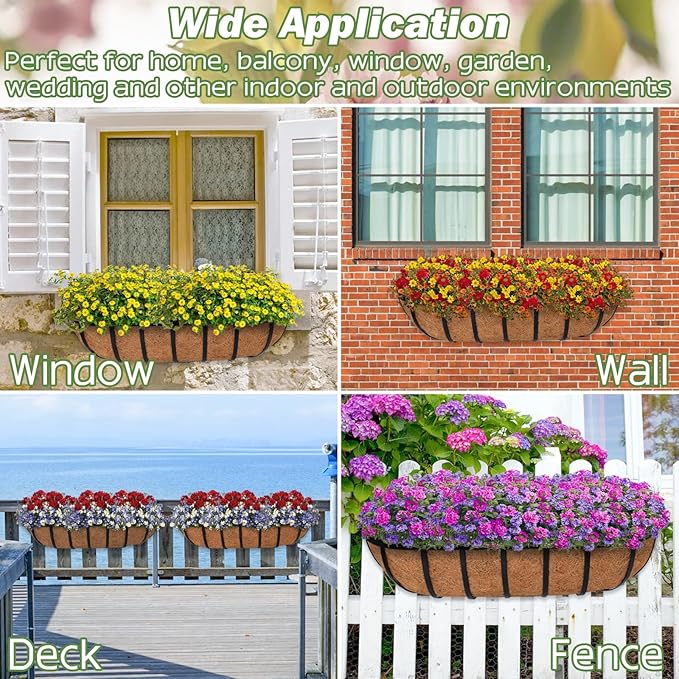 ZeeDix 24 Inch Railing Planter Box, 2 Pack Metal Window Boxes with Coco Liners for Railing, Hanging Flower Boxes for Deck Porch Balcony & Fence Outdoor Indoor Lawn