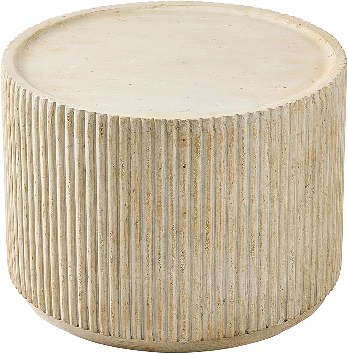 Christopher Knight Home Yunara 17" H Lightweight Concrete End Table with Stunning Fluted Design, Indoor Outdoor Accent Side Table, Travertine Effect Round Coffee Table, No Assembly, Natural