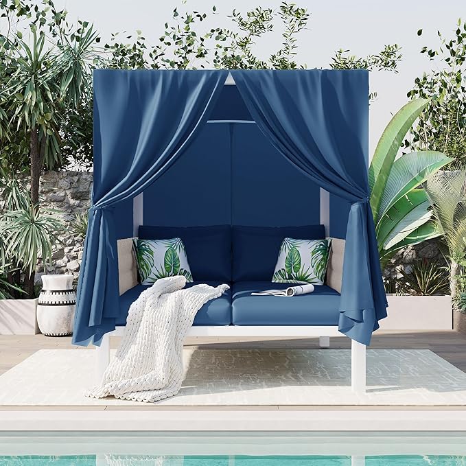 Merax Outdoor Patio Daybed with Soft Thick Cushions, Two Pillows and Curtains, Double Chaise Lounge Sunbed with Rubber Core Rope Backrest for Outside Pool, Garden, Backyard, Lawn, Blue