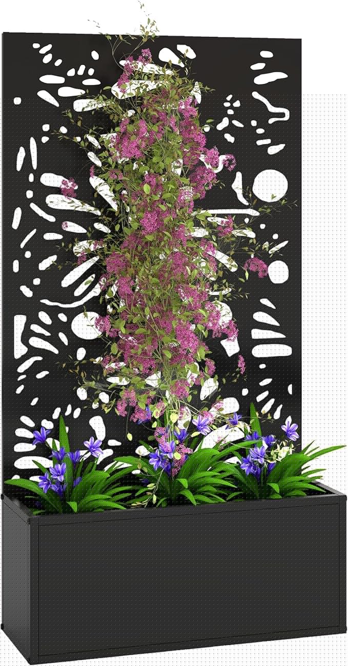 Outsunny Metal Raised Garden Bed with Trellis for Climbing Plants, Freestanding or Wall Mounted Flower Bed with Privacy Panel, Butterfly Cut-Out Outdoor Planter Box for Garden, Patio, Balcony