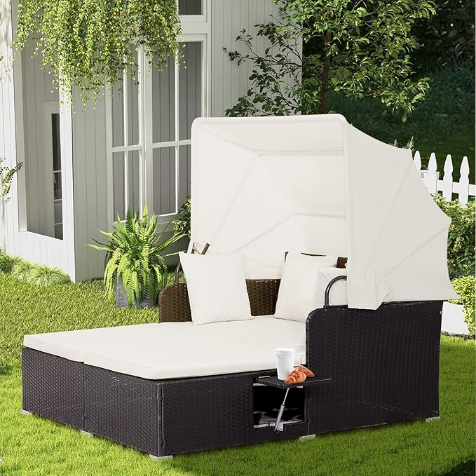 Moccha Outdoor Daybed with Retractable Canopy, Wicker Cabana with 2 Side Tables & Soft Cushions ,Hand-Woven PE Rattan Bed Lounger, Patio Sectional Furniture Set for Garden Backyard Porch (Off White)