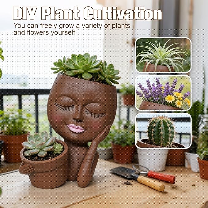 Face Double Plant Pot - Cute Succulent Head Planters Indoor Outdoor Decor, Resin Flower Pots with Drainage Hole, Unique Ideal Present, Gifts for Women/Mother
